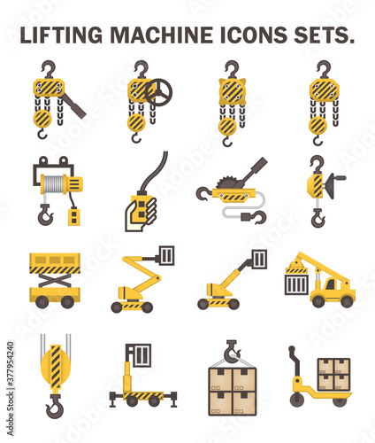 Winch icon and other lifting equipment icon such as scissor lift, cherry picker, reach stacker etc for vary work and industry such as construction, production, rection, maintenance and warehousing. 