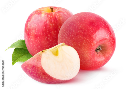 Isolated fruits. Two whole pink apples and a slice isolated on white background
