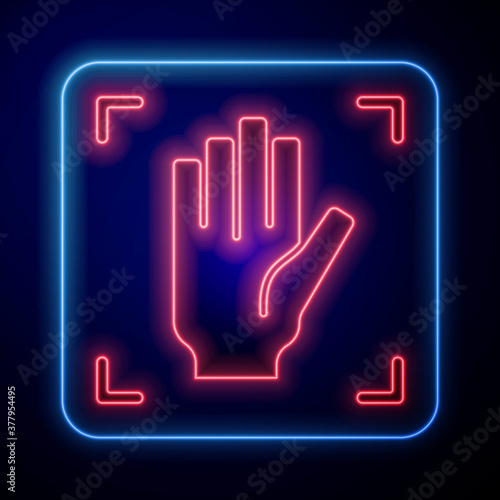 Glowing neon Palm print recognition icon isolated on blue background. Biometric hand scan. Fingerprint identification. System recognition and verification. Vector.