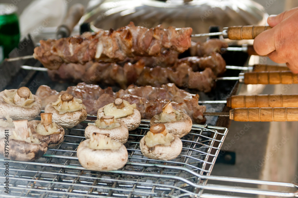 Mushrooms and meat skewers grilled on barbecue grill