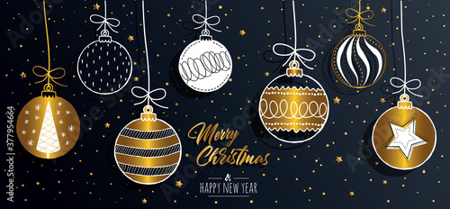 Merry Christmas greeting card set with golden text elements and modern hand drawn baubles. Vector illustration.
