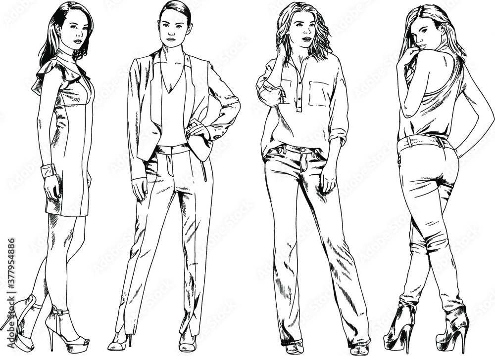 vector drawings on the theme of beautiful slim sporty girl in casual clothes in various poses painted ink hand sketch with no background