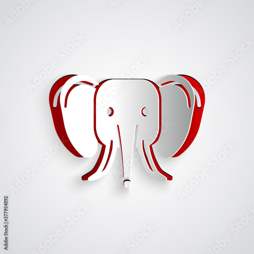 Paper cut Elephant icon isolated on grey background. Paper art style. Vector.