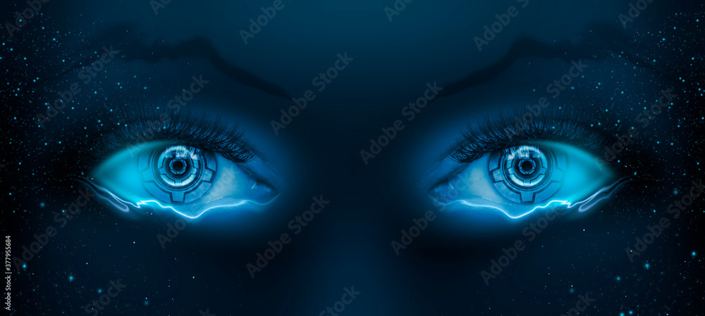 Close-up biometric scan of a female eye. The concept of modern virtual reality. Neon light, abstract cyber background. 3D illustration.