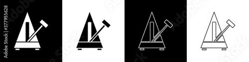 Set Classic Metronome with pendulum in motion icon isolated on black and white background. Equipment of music and beat mechanism. Vector.