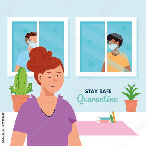 stay home, quarantine or self isolation, woman in the house and men looking out the window, stay safe quarantine concept vector illustration design