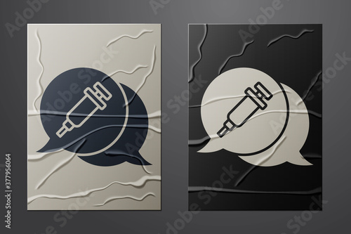 White Addiction to the drug icon isolated on crumpled paper background. Heroin, narcotic, addiction, illegal. Sick junkie with a syringe and medical pills. Paper art style. Vector.