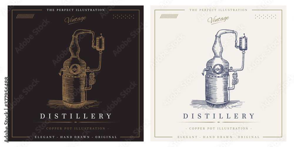 Distillery vintage copper pot alcohol distillation logo illustration - obrazy, fototapety, plakaty 