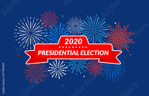 Vote 2020 in USA. United States of America presidential election. Banner on festive fireworks background. Vector design.