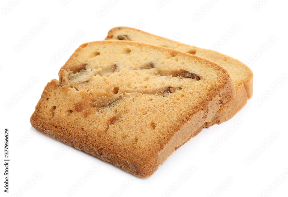 Slices of tasty pear bread isolated on white. Homemade cake Slices of tasty pear bread isolated on white. Homemade cake