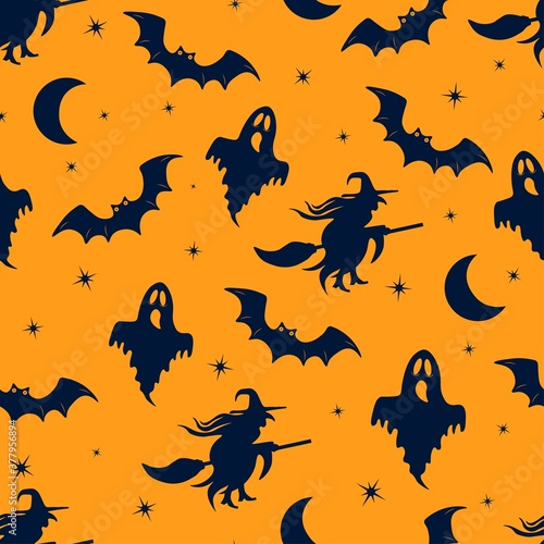 Seamless vector pattern for Halloween. Cute cartoon pattern with Halloween elements. For fabric design and gift wrapping. Dark silhouettes of a witch, a ghost and a bat on an orange background.