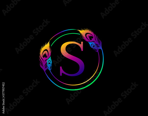 S Letter Decorated With Exotic Peacock Feather. Circle Badge With Peacock Feather.
