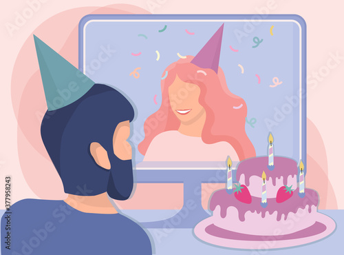 Self-isolation party,online friends partying. Flat vector illustration of young happy woman with bearded man celebratiing birthday online via video conference on computer.