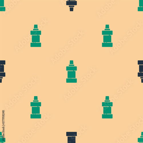 Green and black Plastic bottle for laundry detergent, bleach, dishwashing liquid or another cleaning agent icon isolated seamless pattern on beige background. Vector.