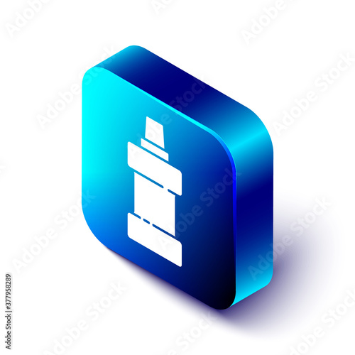 Isometric Plastic bottle for laundry detergent, bleach, dishwashing liquid or another cleaning agent icon isolated on white background. Blue square button. Vector.