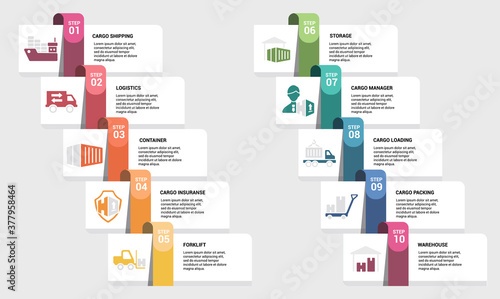 Infographic Cargo template. Icons in different colors. Include Cargo Shipping, Logistics, Container, Cargo Insurance and others.