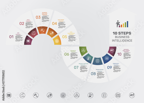 Infographic Business Intelligence template. Icons in different colors. Include Crm, Agile, Business Analytics, Data Mining and others.