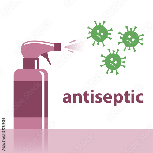 Antiseptic spray against coronavirus infection. Prevention of COVID-19 disease. Hand and surface treatment by irrigation. Vector isolated illustration.