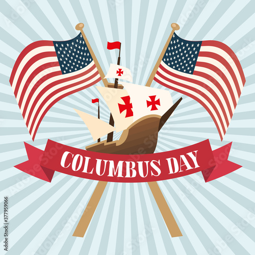 ship with flags of happy columbus day vector design