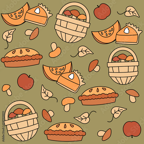 Cute lovely autumn fall seasonal seamless vector pattern background illustration with apple pie, leaves, mushrooms, pumpkin pie and pumpkin slice