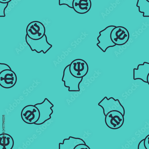 Black line Psychology icon isolated seamless pattern on green background. Psi symbol. Mental health concept, psychoanalysis analysis and psychotherapy. Vector.