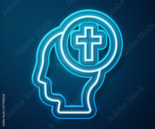 Glowing neon line Man graves funeral sorrow icon isolated on blue background. The emotion of grief, sadness, sorrow, death. Vector.