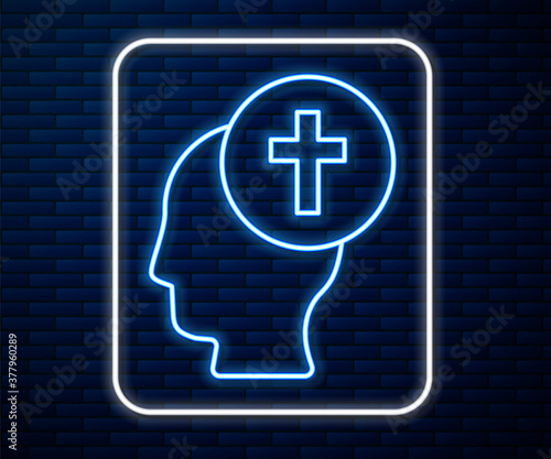 Glowing neon line Man graves funeral sorrow icon isolated on brick wall background. The emotion of grief, sadness, sorrow, death. Vector.