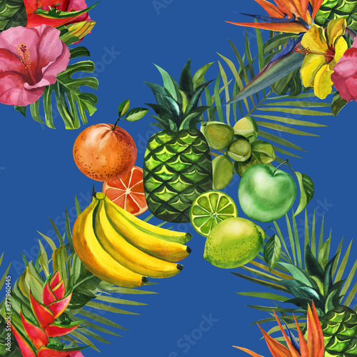 Watercolor seamless floral and fruts pattern hand drawing decorative background. Hand drawn watercolor illustration.