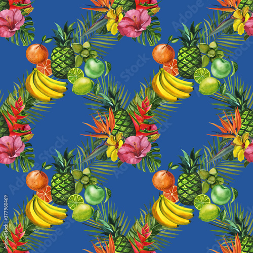 Watercolor seamless floral and fruts pattern hand drawing decorative background. Hand drawn watercolor illustration.