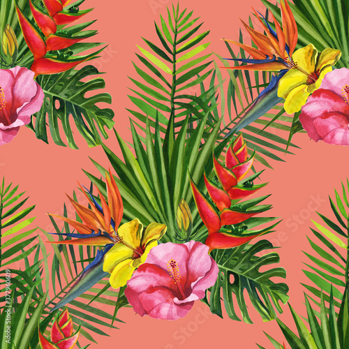 Watercolor seamless floral and fruts pattern hand drawing decorative background. Hand drawn watercolor illustration.