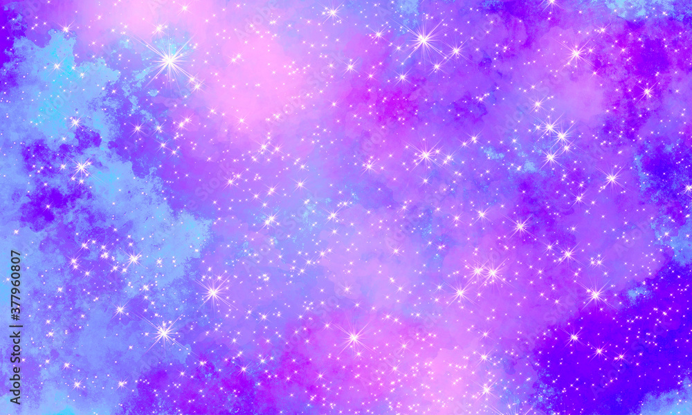 Fototapeta premium blue magenta multicolored space bright festive magic background with many stars and clouds. Universal festive cheerful positive background.