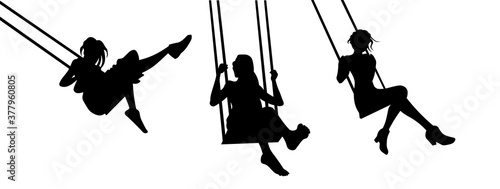Women swinging on the swing silhouettes set vector illustration.