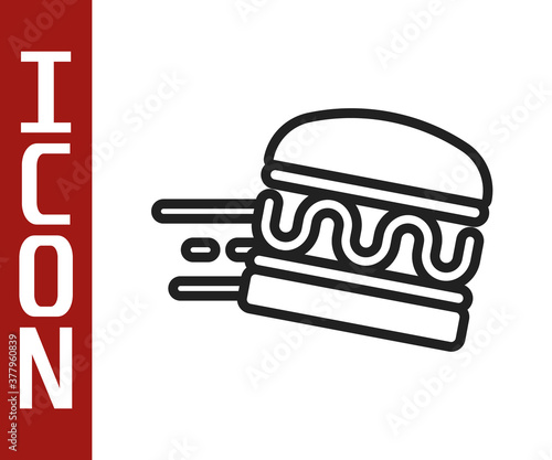 Black line Online ordering and burger delivery icon isolated on white background. Vector.
