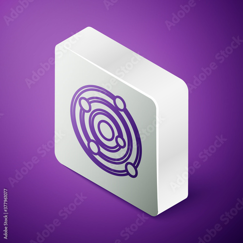Isometric line Solar system icon isolated on purple background. The planets revolve around the star. Silver square button. Vector.