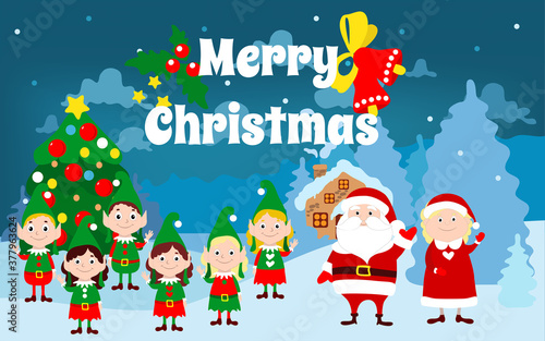 Santa Claus and Mrs. Santa Claus, together with the elves, are standing in front of the house and waving their hands. Merry Christmas text. Festive New Year vector illustration.