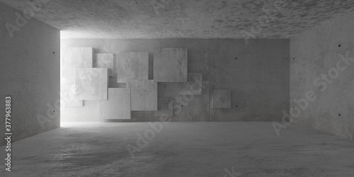 Abstract empty, modern concrete room with indirect lighting from side wall and irregular square pattern backwall - industrial interior background template