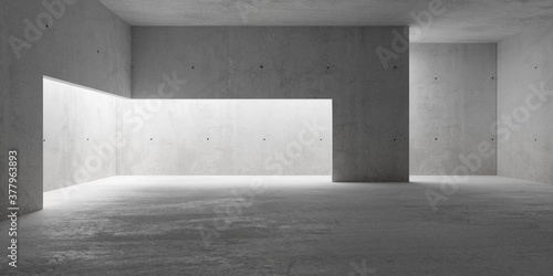 Abstract empty, modern concrete room with indirect lighting behind room divider and rough floor - industrial interior background template