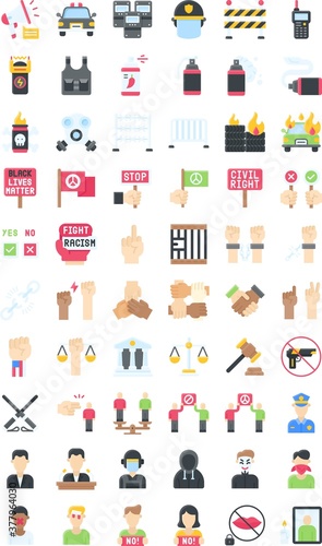 protest related megaphone, police car, flags, banners, face mask, hands, fire car tires, fight, police man, police jacket, handcuff, weight scale, and Walkie Talkie, vector in flat style,