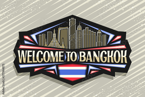Vector logo for Bangkok, black decorative badge with outline illustration of modern bangkok city scape on evening sky background, tourist fridge magnet with unique letters for words welcome to bangkok