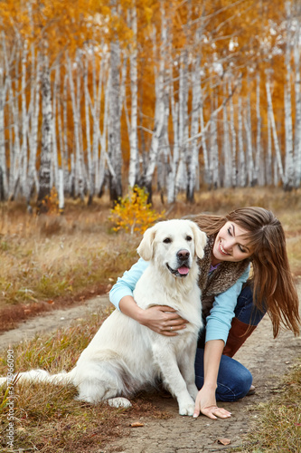 Young golden retriever for a walk with his owner. Dog breed labrador with woman outdoors.