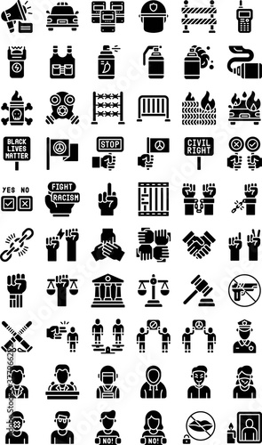 protest related megaphone, police car, flags, banners, face mask, hands, fire car tires, fight, police man, police jacket, handcuff, weight scale, and Walkie Talkie, vector in solid design,
