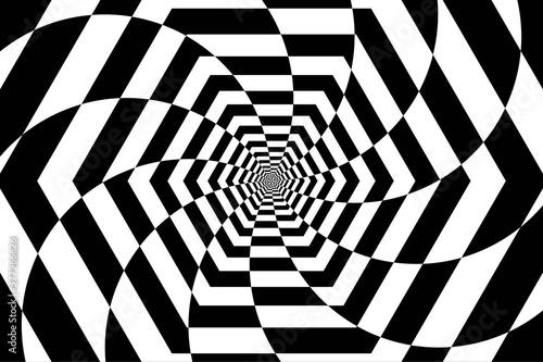 Abstract Black and White Pattern with Chessboard. Hexagonal Tunnel. Polygonal Texture of the Corridor in Perspective. Raster. 3D Illustration