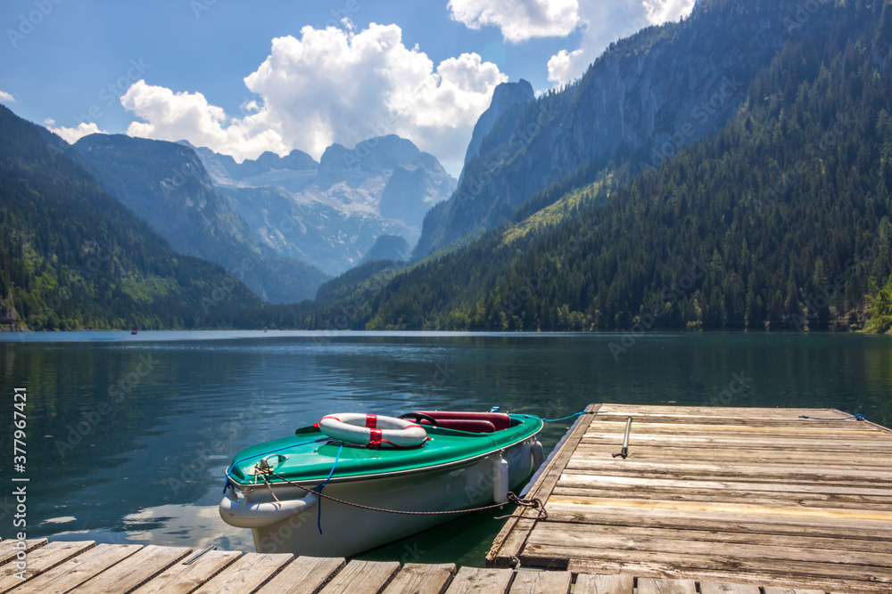 sunny day on Lake Voredere Gosausee in the Austrian Alps
