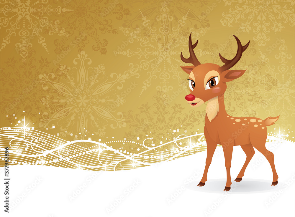 Cute deer standing on a golden background with pattern and sparkles. Cute deer standing on a golden background with pattern and sparkles.