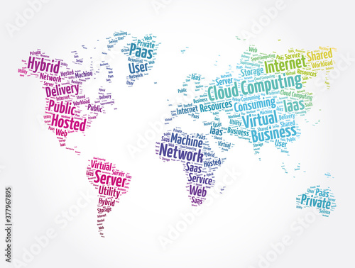 Cloud Computing word cloud in shape of world map, technology concept background