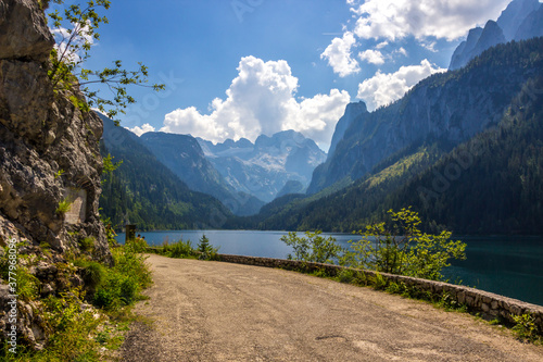 sunny day on Lake Voredere Gosausee in the Austrian Alps