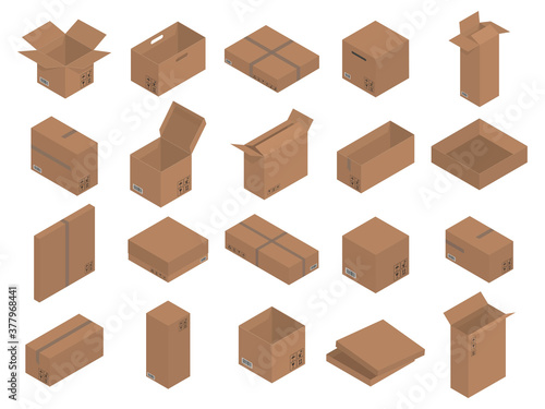 Set of Cardboard brown boxes, isometric graphics.