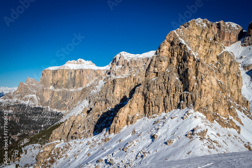 View of Dolomites Mountains in Italy. Ski area Belvedere. Canazei, Italy