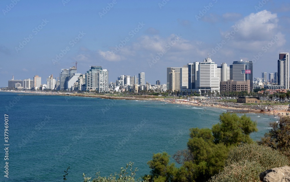 Skyline of Tel Aviv with city beaches all along. The photo taken form  Jaffa. 