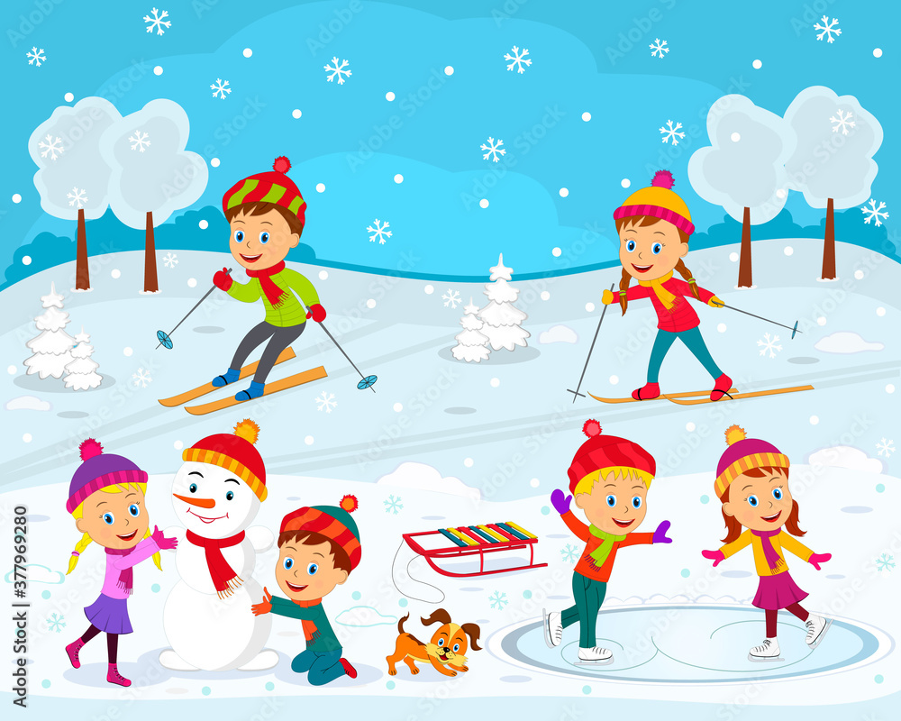 Fototapeta premium kids,boys and girls play outdoor, go skiing, make a snowman, skate on the winter background